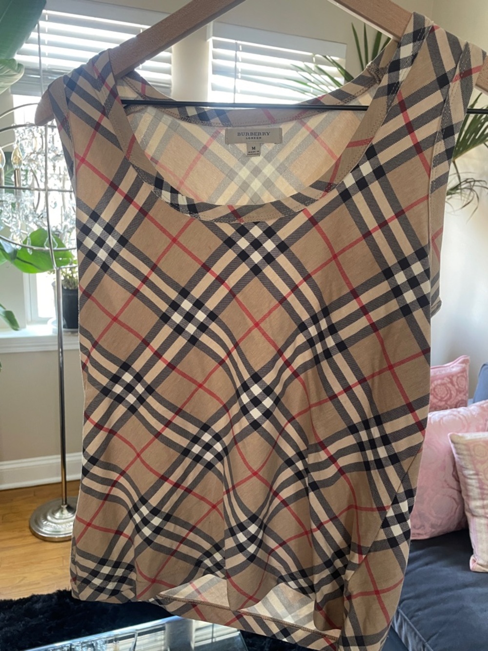 Burberry Tan Nova Check Sleeveless Camisole with Navy & Red Stripes